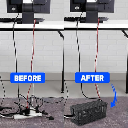 Cable Management Box, Handmade Rattan Cable Organizer with 2 Open Slots, Cord Hider for Power Strip, Router & USB Hub, Registered U.S. Design Patent (D1,112,102), 13" x 5.1" x 5.1", Black