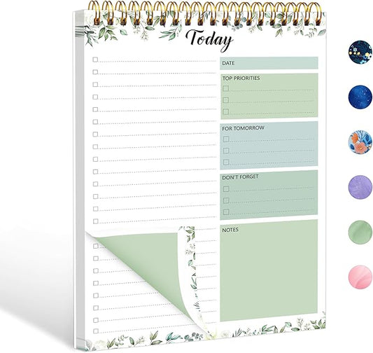 To Do List Notepad - Daily Planner Notepad 104 Pages Task Planner, 6.7" x 9.8" Double Sided Spiral Notebook with Checklist Productivity Planning Pad for Work Office Home-Green
