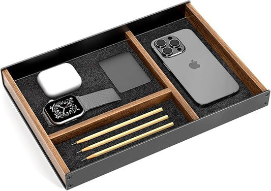 UPERGO Desk Drawer Organizer Tray, Mens Valet Made of Aluminum and Walnut, Aesthetic Desk Accessories for Office Home Supplies