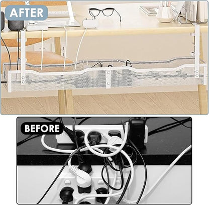 Cable Management, 25'' Cable Management Under Desk No Drill, Metal Cord Organizer with Clamp for Standing Desk, Cable Organizer for Home Office, White
