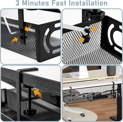 Cable Management, 25'' Cable Management Under Desk No Drill, Metal Cord Organizer with Clamp for Standing Desk, Cable Organizer for Home Office, Black