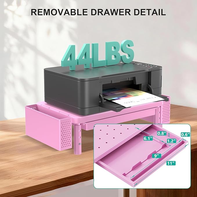 WALI Computer Monitor Stand with Storage, Desk Organizer with Drawer and Pen Holder, Desk Monitor Riser 3 Height Adjustable, Laptop Riser for Computer, Laptop, Printer (PTT003-P), 1 Pack, Pink