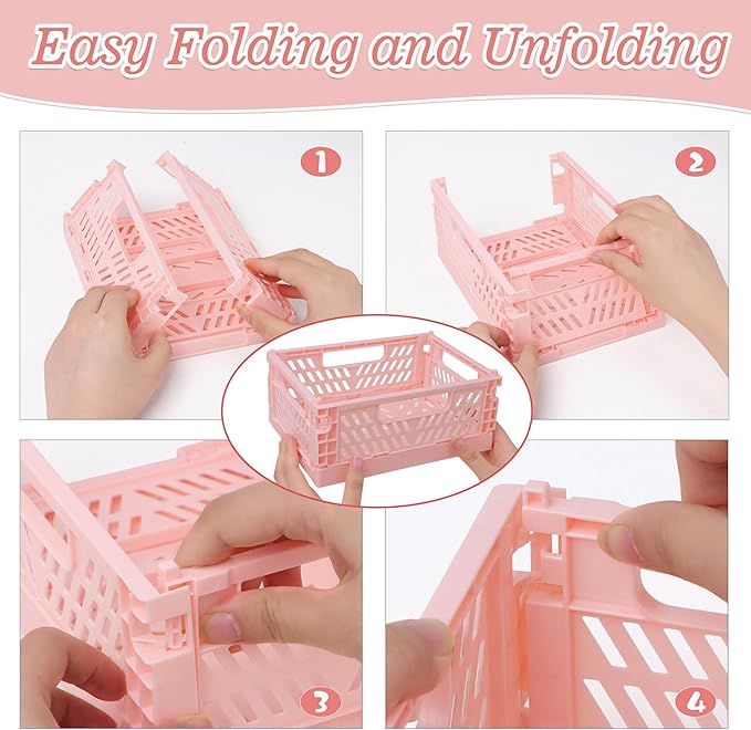 4-Pack Pink Baskets Plastic Storage Crate Small Baskets for Organizing Collapsible Storage Crates for Desk Organizers,Stackable Cute Storage Bins for Classroom,Office,Bathroom 5.9"x 3.9" x 2.3"
