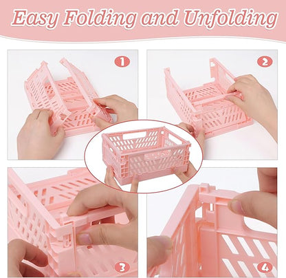 4-Pack Pink Baskets Plastic Storage Crate Small Baskets for Organizing Collapsible Storage Crates for Desk Organizers,Stackable Cute Storage Bins for Classroom,Office,Bathroom 5.9"x 3.9" x 2.3"