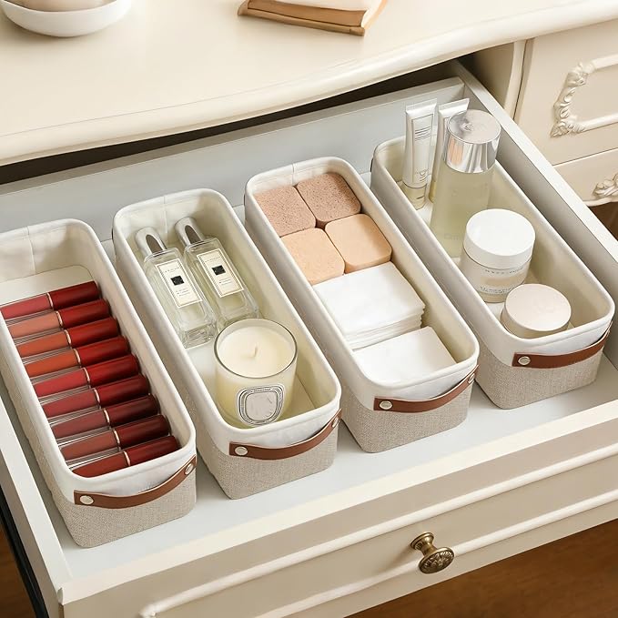 Small Fabric Storage Baskets, 15x6x5 inch Narrow Storage Bins 4-Pack Long Storage Basket for Organizing with Handles, Decorative Basket for Closets, Shelves, Toilet Paper, Beige