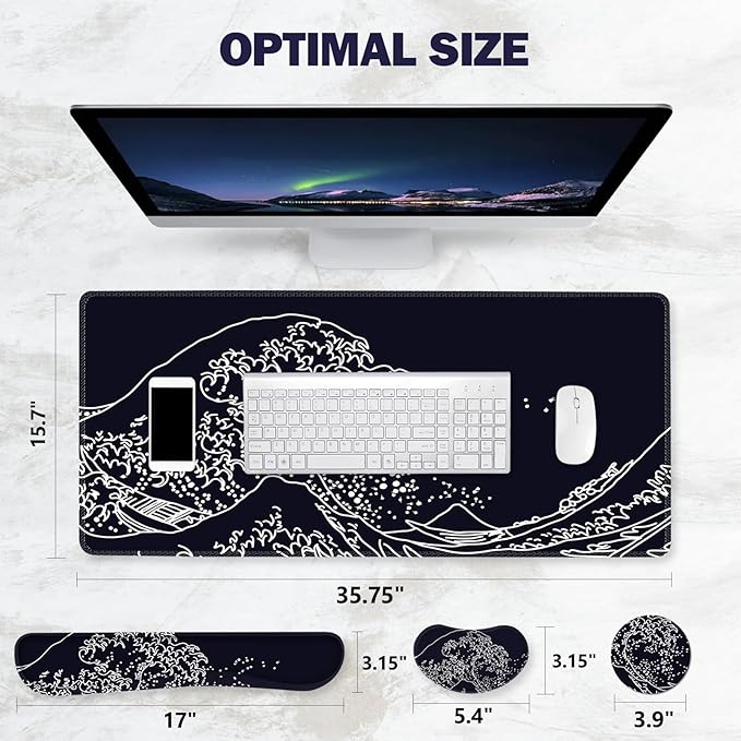 ToLuLu Extended Gaming Mouse Pad, Memory Foam Ergonomic Keyboard Mouse Wrist Rest Support Set, Large Desk Mat with Stitched Edges, Non-Slip Base Mousepad for Home Office Game, Black Wave of Kanagawa