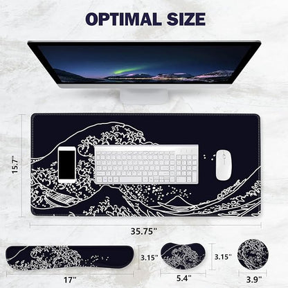 ToLuLu Extended Gaming Mouse Pad, Memory Foam Ergonomic Keyboard Mouse Wrist Rest Support Set, Large Desk Mat with Stitched Edges, Non-Slip Base Mousepad for Home Office Game, Black Wave of Kanagawa
