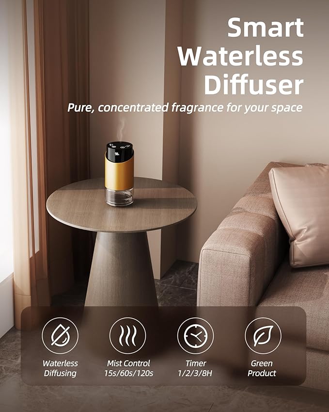 Waterless Essential Oil Diffuser Aromatherapy Scent Diffusers for Home Large Room, Car, Office, Desk, Mini Battery Operated Cordless Air Freshener, 4 Timers & 3 Mist Levels, 100ml Capacity (Golden)
