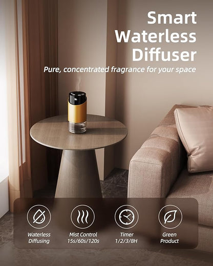 Waterless Essential Oil Diffuser Aromatherapy Scent Diffusers for Home Large Room, Car, Office, Desk, Mini Battery Operated Cordless Air Freshener, 4 Timers & 3 Mist Levels, 100ml Capacity (Golden)