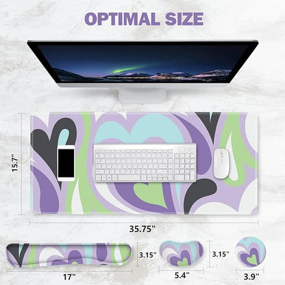 ToLuLu Extended Gaming Mouse Pad, Memory Foam Ergonomic Keyboard Mouse Wrist Rest Support Set, Large Desk Mat with Stitched Edges, Non-Slip Base Mousepad for Home Office Game Study, Purple Hearts