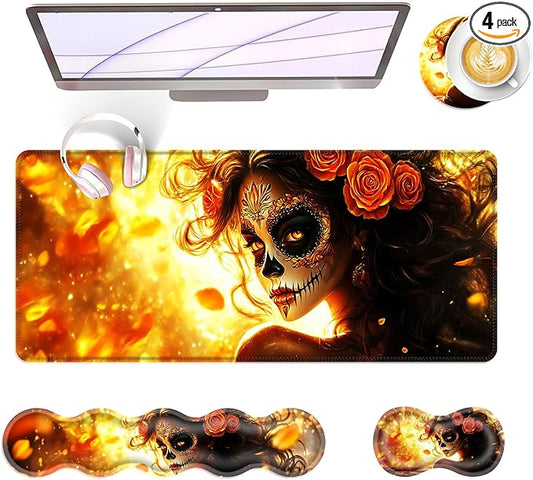 Large Keyboard Mouse Pad Set, Extended Mouse Pad+Keyboard Wrist Rest Support, Memory Foam Ergonomic Easy Typing, 4Pcs (31.5×11.8 in) Desk Pad Set for Office Home,Skull Woman with Rose