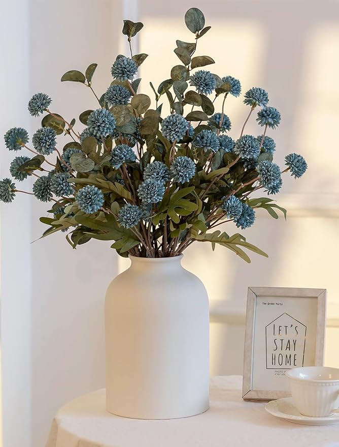 BLOSMON Blue Artificial Flowers for Decoration: Ceramic Vase with 12 Stems of Dusty Blue Flowers Fake Mums Kiku Eucalyptuses for Home Table Centerpieces - Faux Pom Poms Floral Arrangement Dining Room