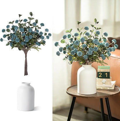BLOSMON Blue Artificial Flowers for Decoration: Ceramic Vase with 12 Stems of Dusty Blue Flowers Fake Mums Kiku Eucalyptuses for Home Table Centerpieces - Faux Pom Poms Floral Arrangement Dining Room