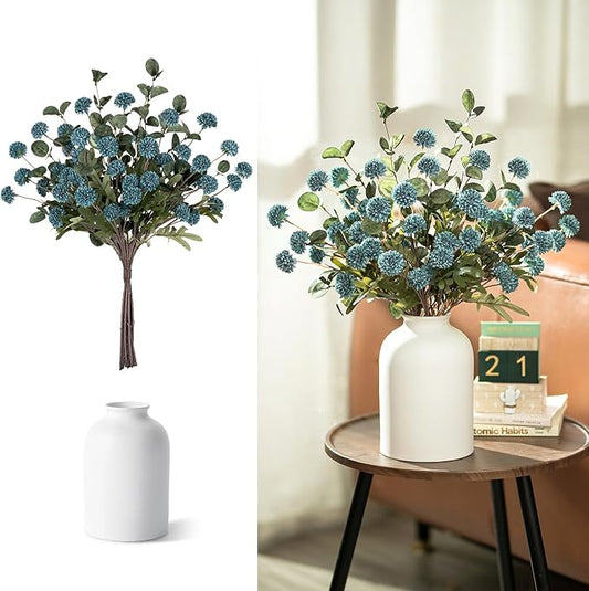 BLOSMON Blue Artificial Flowers for Decoration: Ceramic Vase with 12 Stems of Dusty Blue Flowers Fake Mums Kiku Eucalyptuses for Home Table Centerpieces - Faux Pom Poms Floral Arrangement Dining Room