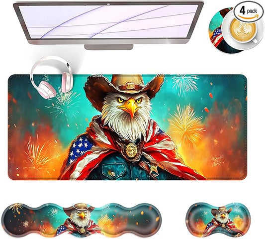 Large Keyboard Mouse Pad Set, Extended Mouse Pad+Keyboard Wrist Rest Support, Memory Foam Ergonomic Easy Typing, 4Pcs (31.5×11.8 in) Desk Pad Set for Office Home,American Flag Eagle