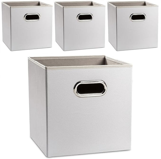 PRANDOM Leather Foldable Cube Storage Bins 11x11 inch [4-Pack] Fabric Storage Baskets Cubes Drawer with Cotton Handles Organizer for Shelves Nursery Closet Bedroom Clothes White