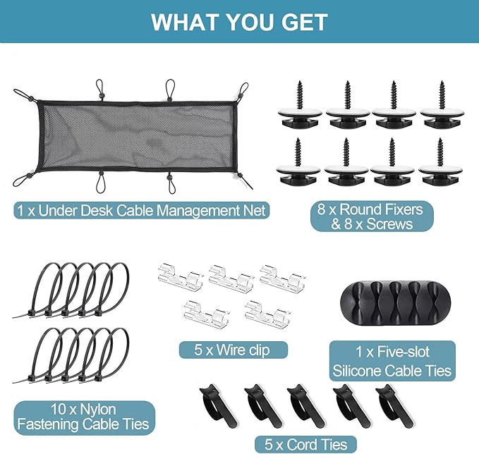 Under Desk Cable Management Net, 36PCS Under Table Cord Management Mesh Organizer Flexible Wire Hiders, Extra Large Capacity Wire Management Kit Under Desk, Fits Most Tables