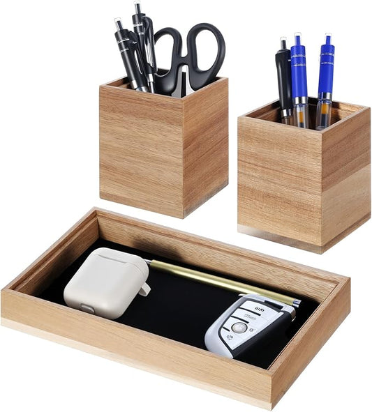 Wooden Desk Tray with 2 PCS Pen Holder, Wood Desk Drawer Organizer with Felt Lined, Aesthetic Organizer Tray& Pen Holder Office Home Desktop Accessories for Keys Pencils Watch Earbuds