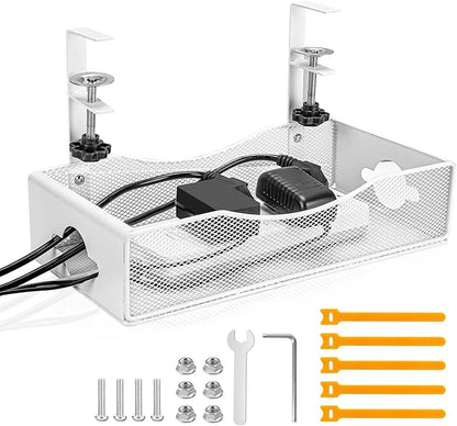 Extra Wide Under Desk Cable Management - No Drill Installation Cable Management Tray, Modern Cord Organizer for Office/Home Desk, Fits Power Strips & Wires((White, XL)