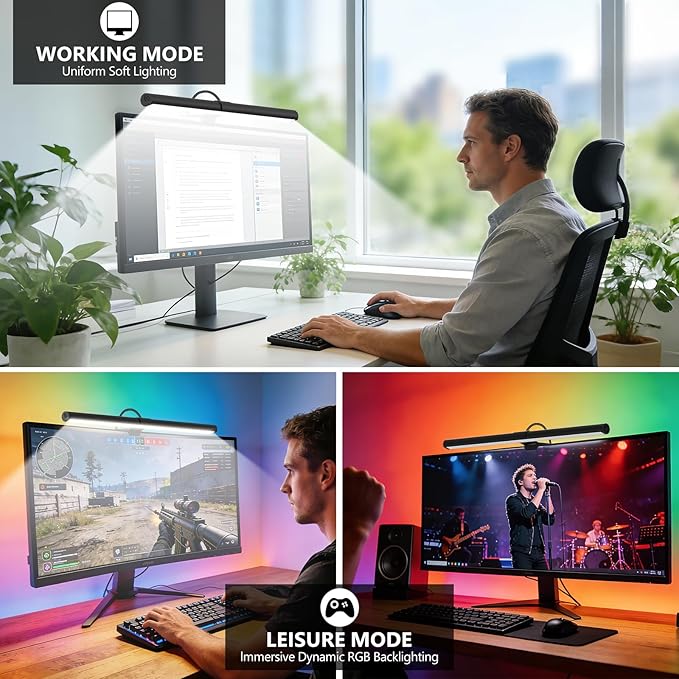 RGB Monitor Light Bar, Eye-Care Dual Light Reading Screen Lamp, 9 Modes Gaming Backlight LED Computer Lamp, 3 Colors Dimmable Frontlight, 15.75'' USB Desk Lights for Home, Office