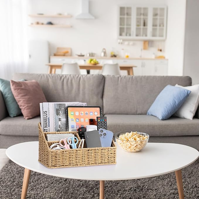 BTSKY Woven Storage Basket Rattan Vertical Wicker Storage Baskets with 4 Compartments Desk Organizers and Storage Magazine File Holder Home Office Supplies Sorter Rack, Wicker Mail Organizer