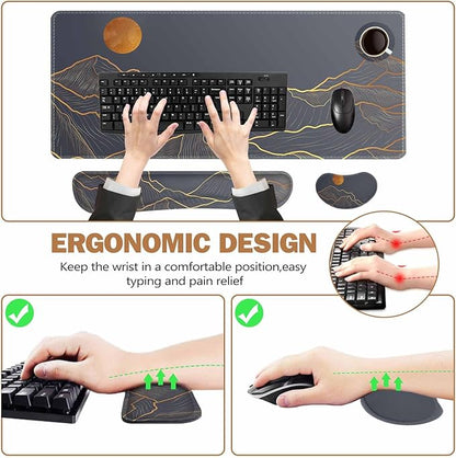ToLuLu Extended Gaming Mouse Pad, Memory Foam Ergonomic Keyboard Mouse Wrist Rest Support Set, Large Desk Mat with Stitched Edges, Non-Slip Base Mousepad for Home Office and Game, Golden Mountain