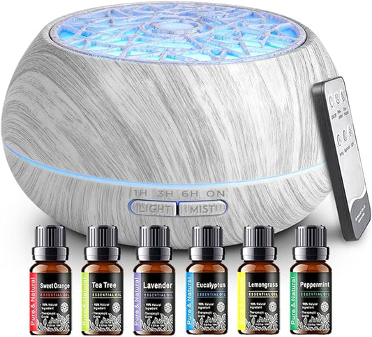 550ml Large Capacity Essential Oil Diffuser 6 Essentil Oil Set Aromatherapy Ultrasonic Air Humidifier with Timer and 7 Color LED Night Light Remote Control Waterless Auto-Off White Wood Grain