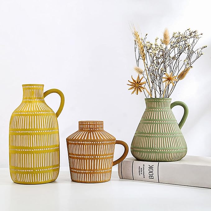 Boho Ceramic Vase Set of 3 for Living Room Bedroom Modern Yellow Brown Green Fake Flower Plant Vases for Home Decor Office Centerpieces Antique Retro Rustic Farmhouse Vintage Classic Gift