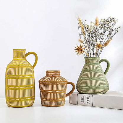Boho Ceramic Vase Set of 3 for Living Room Bedroom Modern Yellow Brown Green Fake Flower Plant Vases for Home Decor Office Centerpieces Antique Retro Rustic Farmhouse Vintage Classic Gift