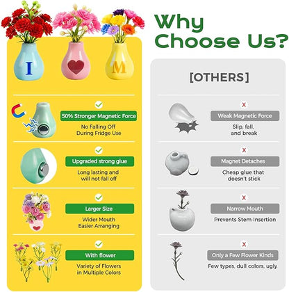 5 Pcs Mini Fridge Magnets, Cute Mini Ceramic Vase with Artificial Flowers, Tiny Pots Plant Vase for Kitchen Refrigerator Office Locker Decor, for Mom