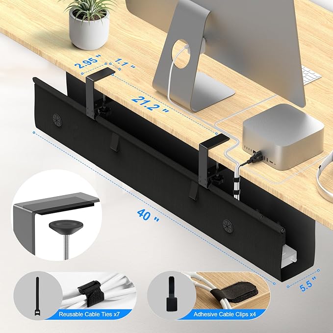 Under Desk Cable Management Tray, 40-inch No-Drill Cord Organizer with Anti-Sag Reinforced Base, Fabric Wire Management Hider for Standing Desk, Office & Gaming Accessories - Black