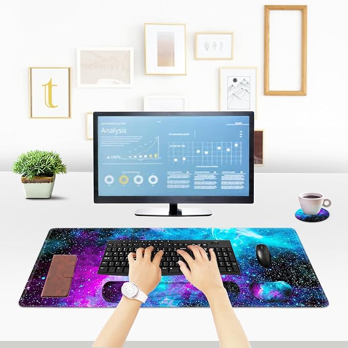 ToLuLu Extended Gaming Mouse Pad, Memory Foam Ergonomic Keyboard Mouse Wrist Rest Support Set, Large Desk Mat with Stitched Edges, Non-Slip Base Mousepad for Home Office Game and Study, Nebula Galaxy