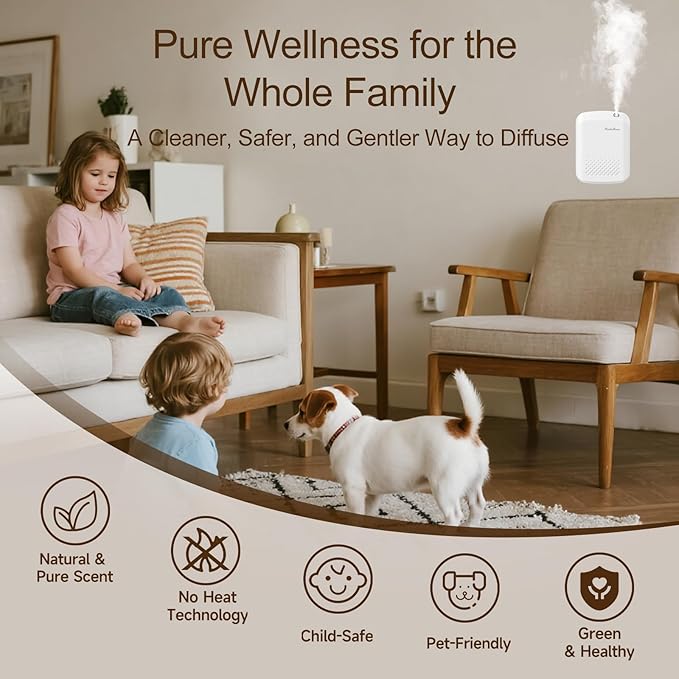 Waterless Essential Oil Diffuser, 2500 Sq Ft Coverage, Bluetooth App Control, No-Noise Wall Mounted Cold Air Scent Machine, 400ml Aromatherapy Diffuser for Home Hotel Office, Gift Idea, White