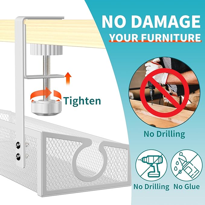 Under Desk Cable Management Tray White, No Drill Desk Cable Management Organizer with Clamp for Desk Wire Management, PC Cord Organizer Accessories & Workspace Organizers for Office, Home