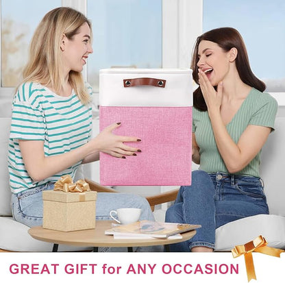 Large Fabric Storage Baskets | 50L Storage Bins, Decorative Linen Closet Baskets with Handles for Organizing, Shelf, Toys, Clothes, Home, Office, Nursery, 17x12x15Inches (Pink&White)