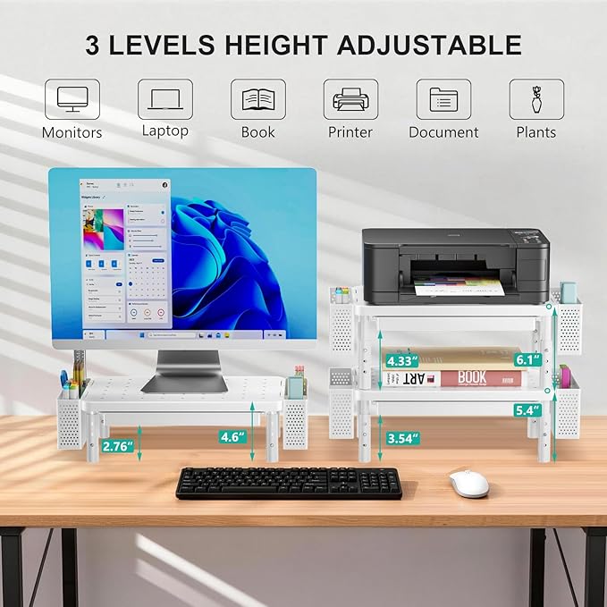 WALI Computer Monitor Stand with Storage, Desk Organizer with Drawer and Pen Holder, Desk Monitor Riser 3 Height Adjustable, Laptop Riser for Computer, Laptop, Printer(PTT003-W), 1 Pack, White