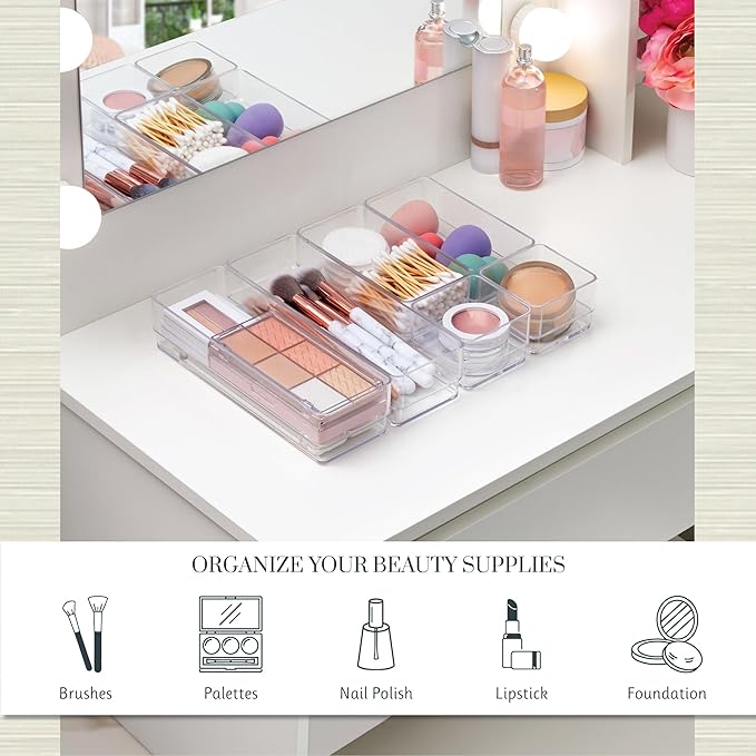 STORi SimpleSort Drawer Organizer Bins 6 pc Set, Multi-size, Bathroom Organizers and Storage, Makeup Organizer, Desk Organizer, Vanity Organizer, Clear Organizing Containers, Made in USA