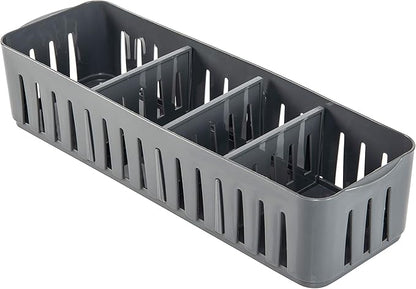 Simplify 4 Compartment Stackable Bin with Adjustable Dividers | Drawer Organizer | Storage Basket | Good for Office | Desk Supplies | Dorm |Bathroom | Accessories | Make Up | Grey