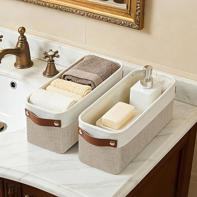 Small Fabric Storage Baskets, 15x6x5 inch Narrow Storage Bins 4-Pack Long Storage Basket for Organizing with Handles, Decorative Basket for Closets, Shelves, Toilet Paper, Beige