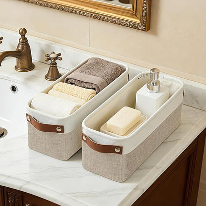 Small Fabric Storage Baskets, 15x6x5 inch Narrow Storage Bins 4-Pack Long Storage Basket for Organizing with Handles, Decorative Basket for Closets, Shelves, Toilet Paper, Beige