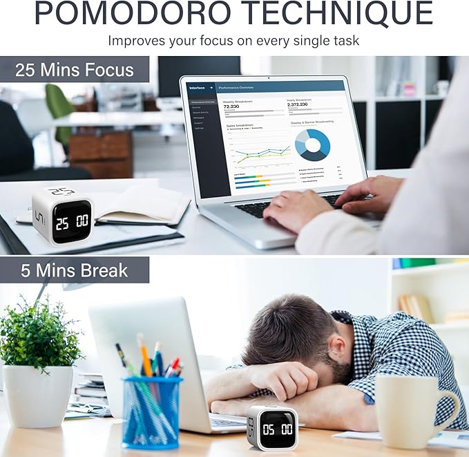 Rotating Pomodoro Timer 5, 25, 10 50 Minutes Preset, Desk Productivity Flip Timer, ADHD Tool Cube Countdown Stopwatch, Vibration/High/Low Volume/Custom Modes, for Work, Study, Back to School, White