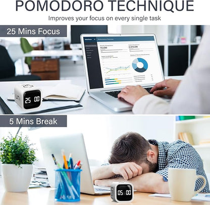 Rotating Pomodoro Timer 5, 25, 10 50 Minutes Preset, Desk Productivity Flip Timer, ADHD Tool Cube Countdown Stopwatch, Vibration/High/Low Volume/Custom Modes, for Work, Study, Back to School, White