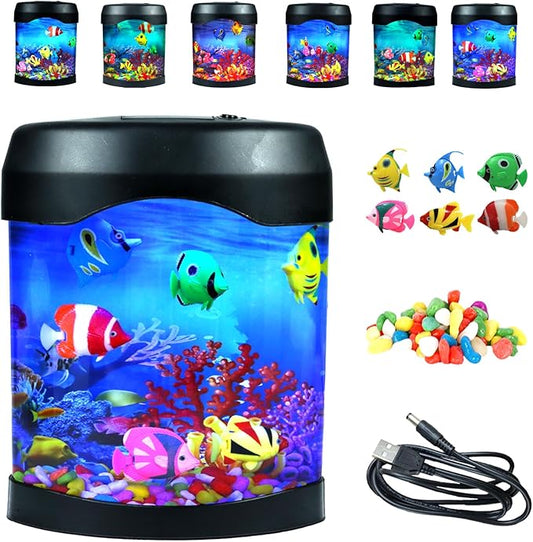 Fake Fish Tank, Aquarium Night Light, 6 Color Changing Lifelike Desk Electric Mood Lamps, Artificial Aquirium Tank with Moving Fishes, Home Decor, Gift for Kids, Adults, ADHD & Autism