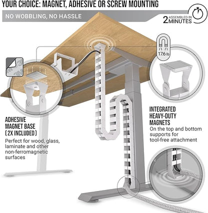 Under Desk Cable Management Vertebrae - Perfect for Sit Stand Desk - White, 133 cm