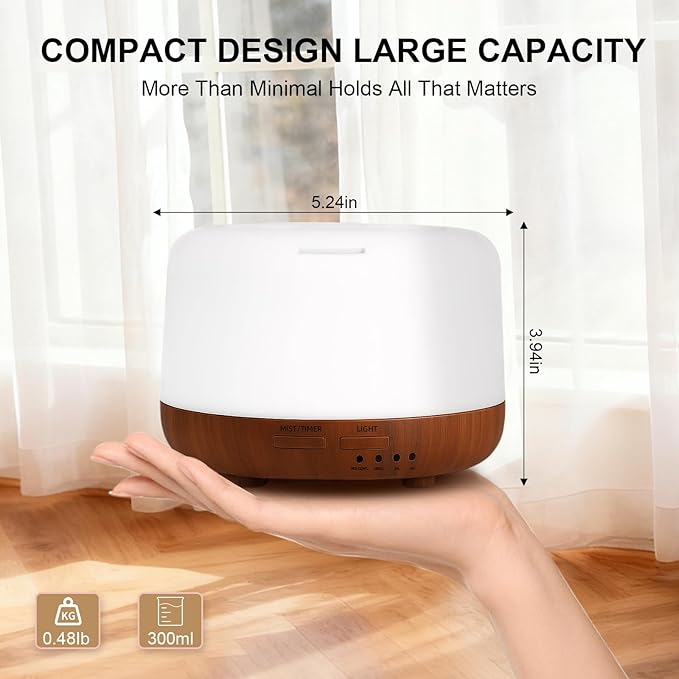 300ML Essential Oil Diffuser for Home, Aromatherapy Diffuser with Remote Control, 7-Color LED Light and 4 Timers, Quiet Auto-Off, Easy to Use for Bedroom Office