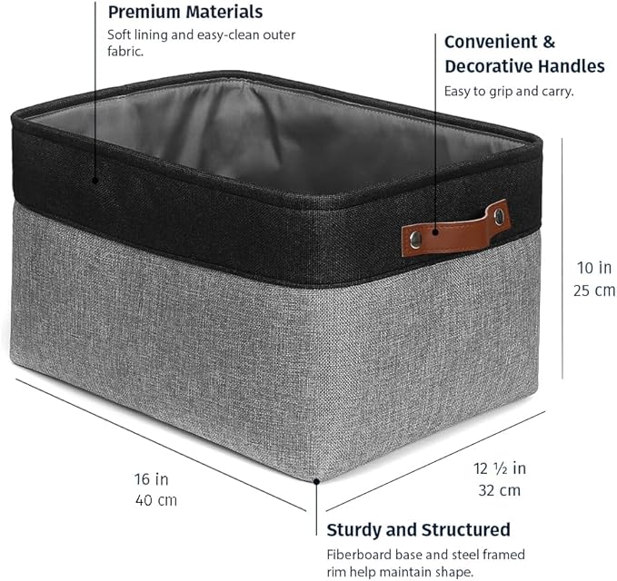 OrganiHaus Extra Large Fabric Storage Baskets for Shelves 3 Pack, 16x13in Closet Storage Bins for Shelves, Canvas Baskets for Organizing, Linen Closet Organizers, Cloth Basket, Gray/Black