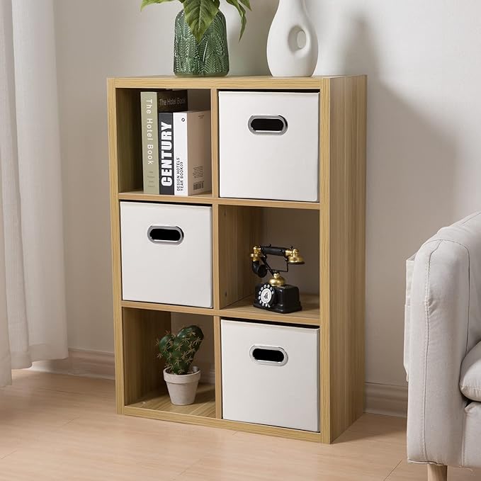 PRANDOM Leather Foldable Cube Storage Bins 11x11 inch [4-Pack] Fabric Storage Baskets Cubes Drawer with Cotton Handles Organizer for Shelves Nursery Closet Bedroom Clothes White