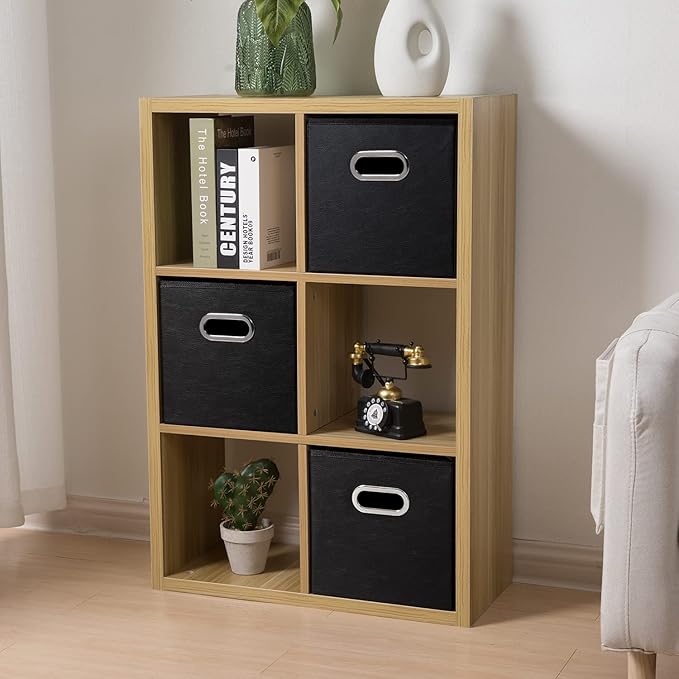 PRANDOM Leather Foldable Cube Storage Bins 11x11 inch [2-Pack] Fabric Storage Baskets Cubes Drawer with Cotton Handles Organizer for Shelves Nursery Closet Bedroom Clothes Black