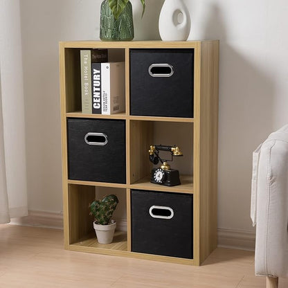 PRANDOM Leather Foldable Cube Storage Bins 11x11 inch [2-Pack] Fabric Storage Baskets Cubes Drawer with Cotton Handles Organizer for Shelves Nursery Closet Bedroom Clothes Black