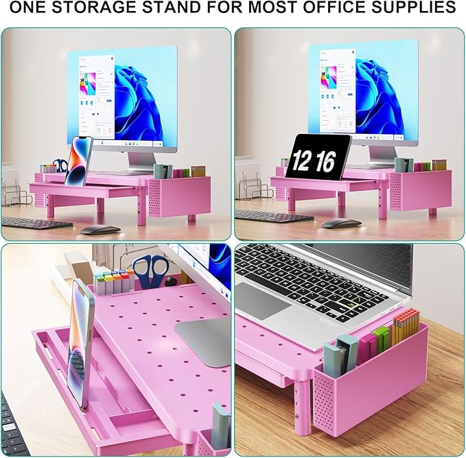 WALI Computer Monitor Stand with Storage, Desk Organizer with Drawer and Pen Holder, Desk Monitor Riser 3 Height Adjustable, Laptop Riser for Computer, Laptop, Printer (PTT003-P), 1 Pack, Pink